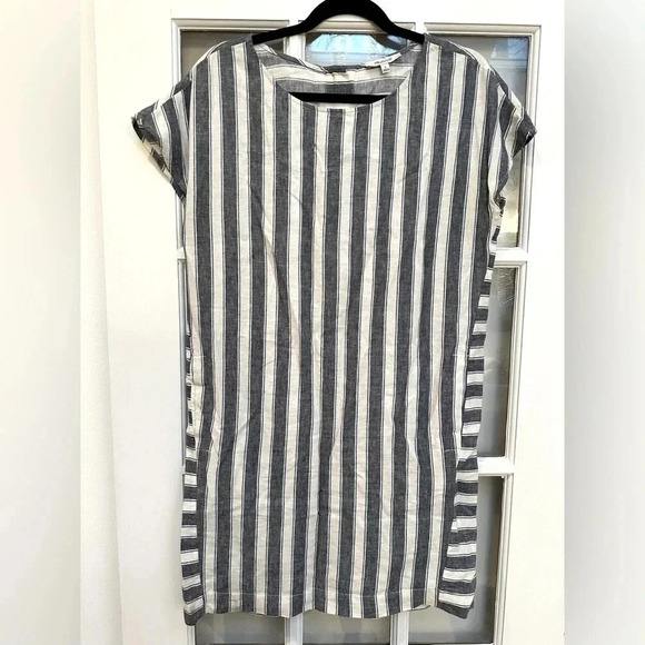 Madewell | Blue White Stripe Play Button Back Linen Blend Preppy Dress Size S - Picture 3 of 13